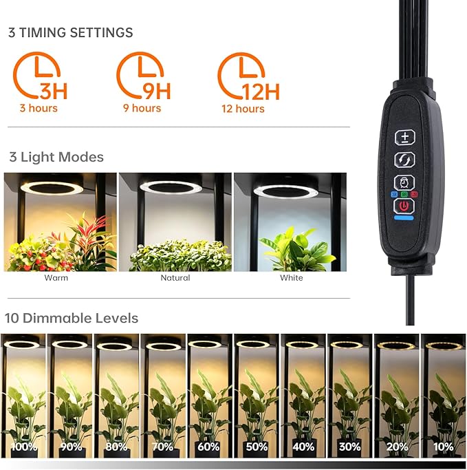 Plant Stand Indoor with Grow Lights, 7-Tier Flower Rack, 5-Pack Full Spectrum Lights with Timer, Corner Plant Stand for Indoor Plants, 53" Tall Rectangular Stand for Living Room