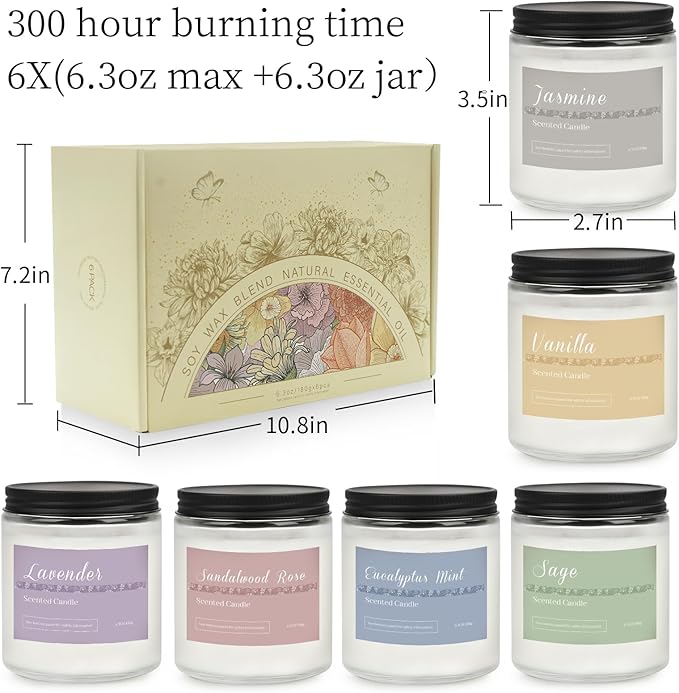 6 Pack Candles for Home Scented Aromatherapy Candles Gifts Set for Women, Lavender Candle, 37.8 oz 300 Hour Long Lasting Candles, Stocking Stuffers, Birthday, Valentine, Christmas, Anniversary Present