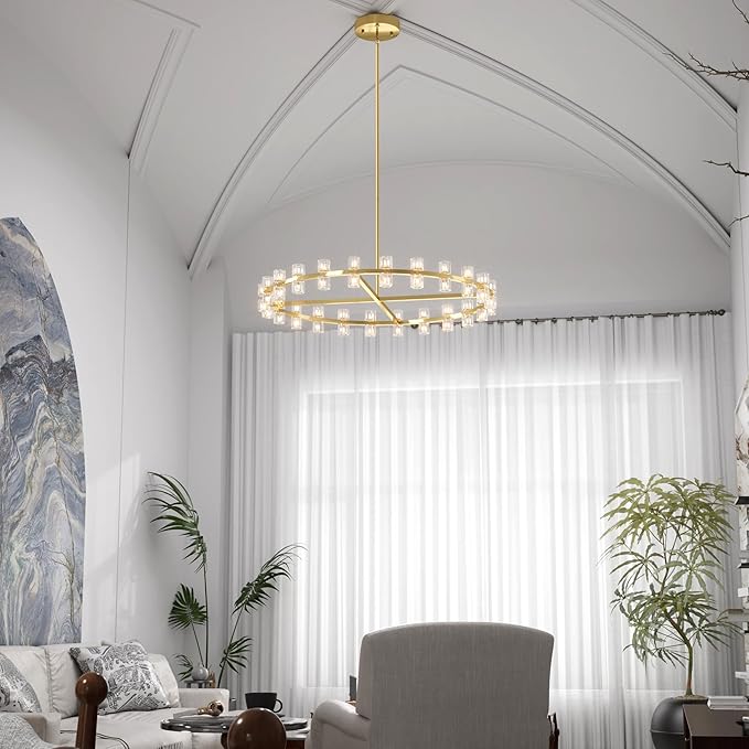 Dia 48inch Gold Chandelier,Large Wagon Wheel Chandelier,48-Lights Large Round Pendant Lighting Fixture for Dining Room,Living Room,Kitchen Island,Foyer