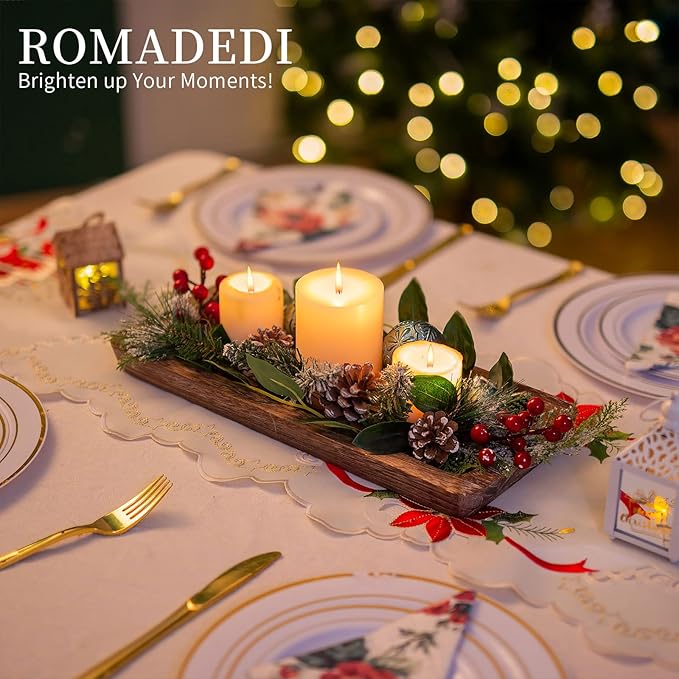 Romadedi Wooden Decorative Tray Candle Holder - Wood Long Narrow Tray Home Decor Small Rustic Centerpieces Trays for Coffee Table Dining Room Kitchen