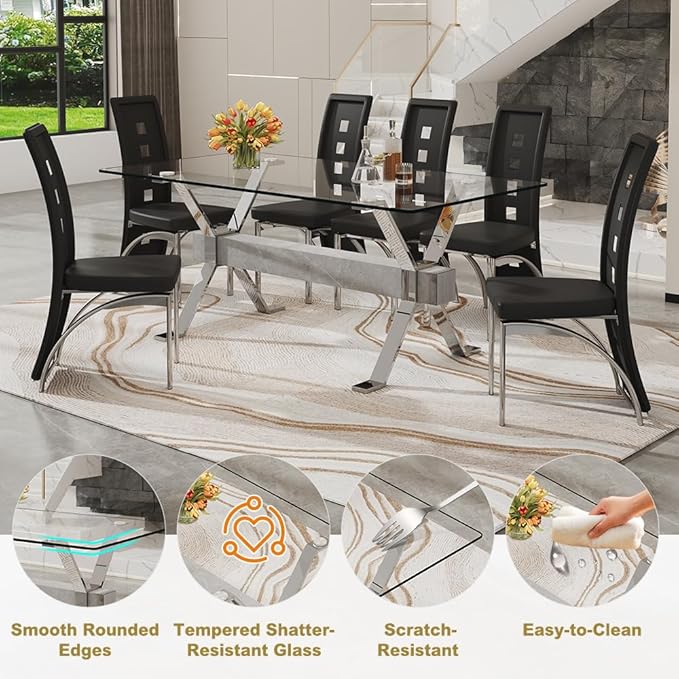 71'' Glass Dining Table Set for 6,7 Piece Dining Table Set with Tempered Glass Tabletop and Open‑Frame X‑Shaped Metal Base,Kitchen Table and Chairs Ideal for Dining Room&Home Office