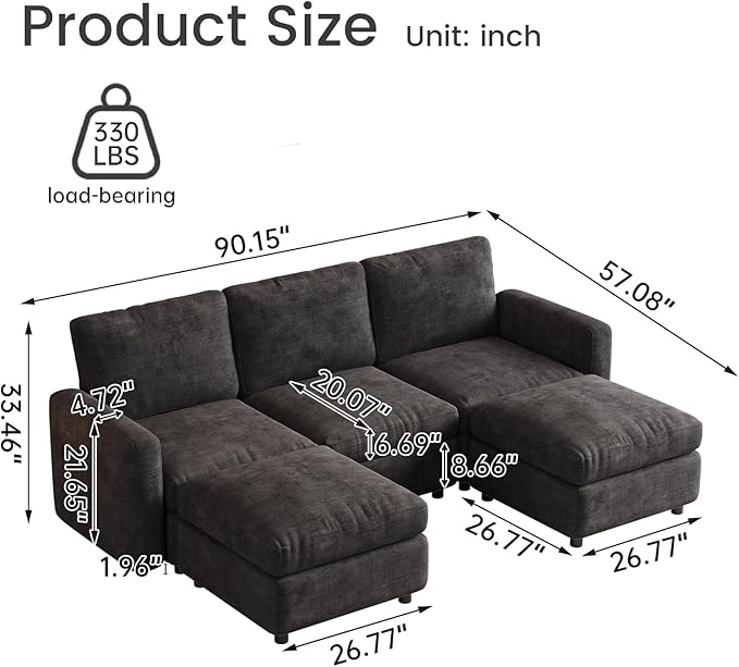 Modular Sectional Sofa with 2 Ottomans, Large Deep Seat L-Shaped Couch for Living Room, Oversized Velvet Loveseat, Modern Family Sofa Set with Storage, Comfy Grey Sofa Bed Sleeper