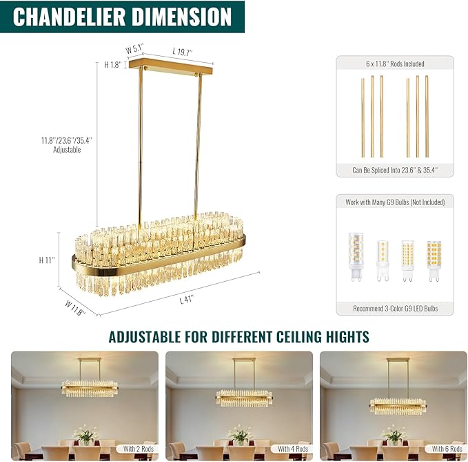 Siljoy Modern Crystal Chandelier 20 Lights Gold Rectangle 2 Tiers Raindrop Chandelier Luxury Adjustable Flush Mount Oval Pendant Ceiling Light Fixture for Dining Living Room Kitchen Island L40 Inch