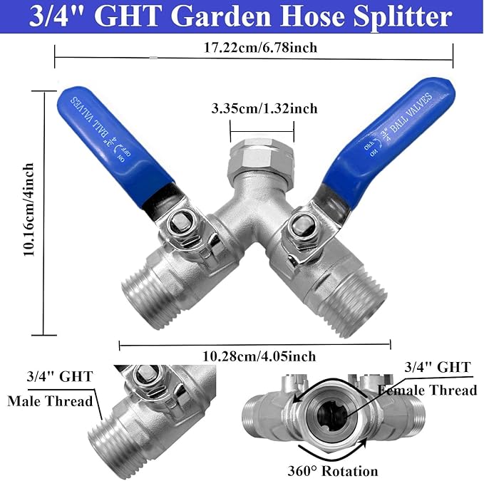 YSIL Garden Hose Splitter 3/4" GHT Thread 2 Way Heavy Duty Y Valve Water Hose Splitter 304 Stainless Steel Water Garden Hose Adapter With Long Handle