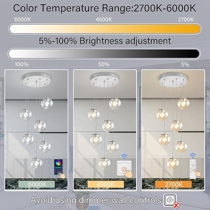 H 87in Modern Glass Globe Chandelier 6-Lights Glass Pendant Light for Staircase Silver Globe Chandelier Clear Glass Hanging Lighting for Living Room Bedroom Entryway