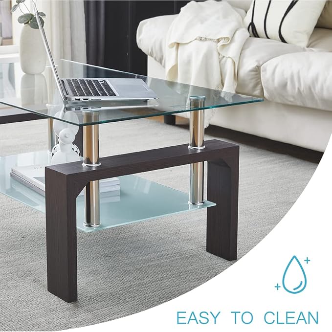 Btrpily Walnut Rectangular Coffee Table, 39.5in x 23.5in x 17.5in, Glass Tabletop with Lower Shelf, Adjustable Bottom Corners
