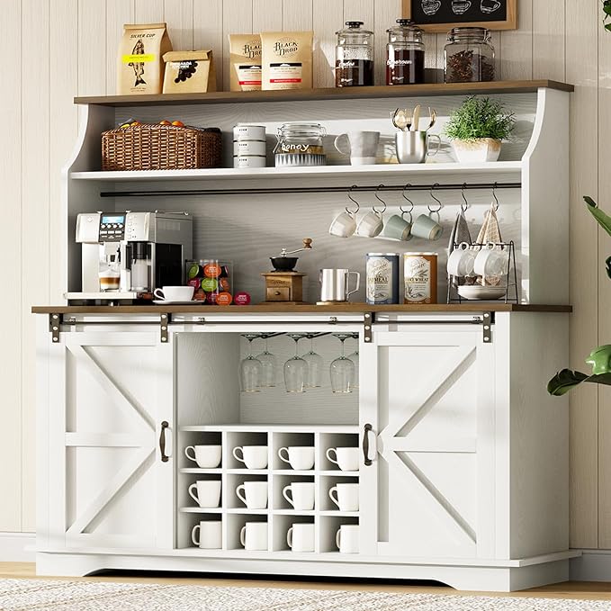 55 Inch Farmhouse Coffee Bar Cabinet with 3-Tier Storage, Kitchen Hutch with 12 Wine Racks & 3 Glass Holders, Coffee Bar with 6 Hooks, Wine Bar Cabinet for Dining Living Room, White