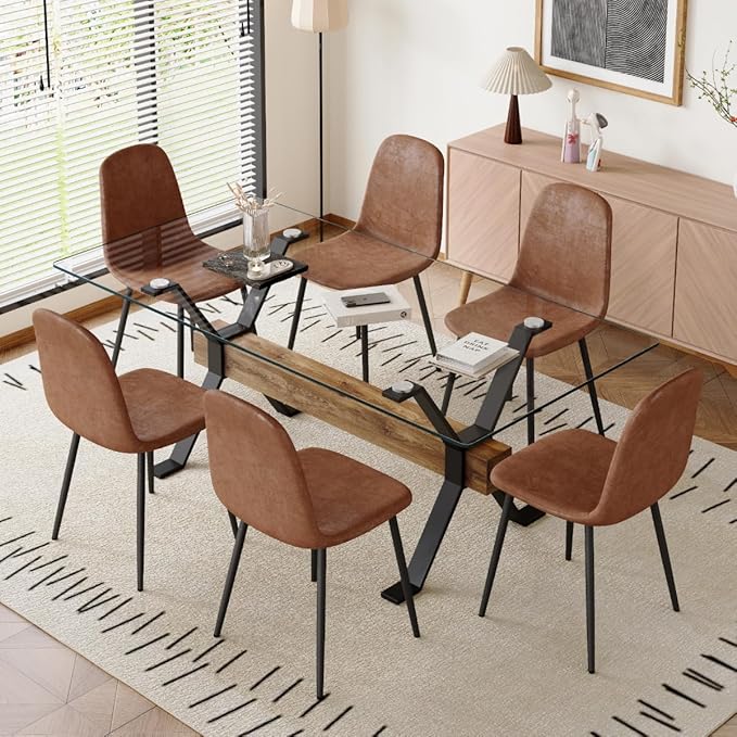 7 Piece Glass Dining Table Set, Kitchen Table Chairs Set for 6, 71'' Dining Table with 0.4" Tempered Glass Tabletop with Plated Metal Legs and MDF Crossbar, 6 Suede Chairs for Dining Room, Kitchen.