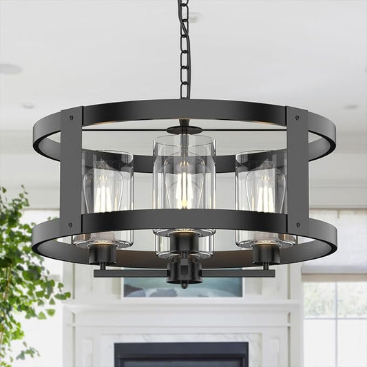 4-Light Farmhouse Chandelier, 20" Black Light Fixture with Glass Shade Modern Drum Lighting Fixtures Ceiling Pendant Lamp for Dining Room Kitchen Island Entrance Foyer Living Room Bedroom
