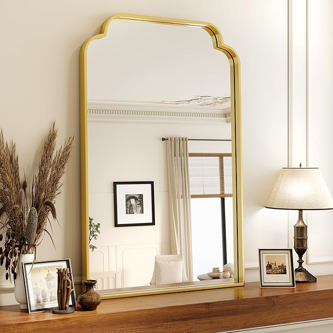 24" x 36" Gold Arch Bathroom Mirror, Wall Mounted Vanity Mirror with Metal Frame, Modern Scalloped Wall Mirror for Sink, Bedroom, Living Room, Entry, Farmhouse Home