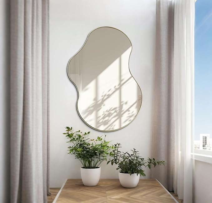 Gold Irregular Mirror, 36"x26" Asymmetrical Wall Mirrors with Metal Frame, Waved Shaped Decorative Mirrors for Living Room Bathroom Bedroom Hallway Entryway Fireplace