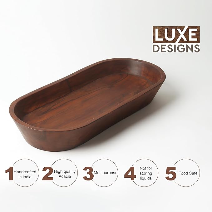 Luxe Designs Wooden Dough Bowl - Natural Acacia Wood - Handmade Decorative Bowls for Home Decor, Bathroom, Kitchen Counter, & More - Rustic Large Wood Dough Bowl for Decor, Cosmetics, and Keys