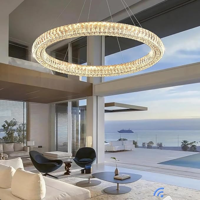Modern 39.4" LED Ring Crystal Chandelier Adjustable Round Chrome Crystal Chandelier Dining Room Living Room Dimmable 3000K-6000K