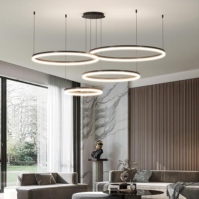 Modern LED Chandelier Light, 4 Ring Black Pendant Lighting Fixture, Adjustable Hanging Ceiling Lamp for Dining Room, Kitchen Island, Entryway, Living Room, Dimmable Dining Light Over Table