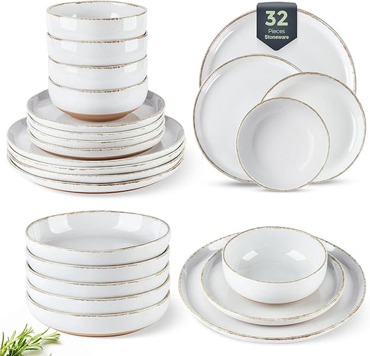 AmorArc 32 Pieces Ceramic Dinnerware Sets for 8, Handpainted Plates and Bowls Set with Rustic Terracotta Underside, Scratch Resistant Stoneware Dishes Set, Dishwasher & Microwave Safe,White