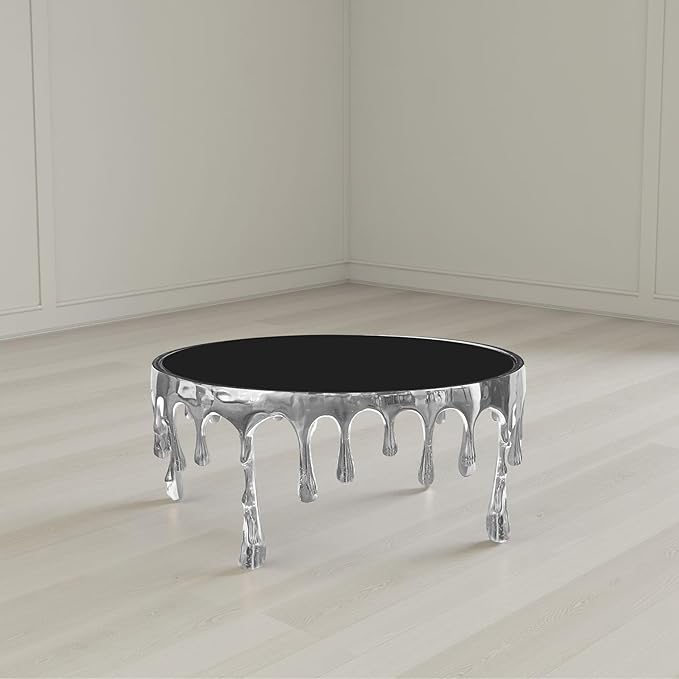 TUP THE URBAN PORT Capri Coffee Table | 36 Inch Round Glass Top | Melting Drip Design | Silver