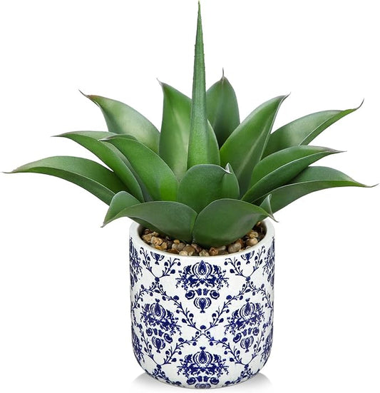 Briful Agave Plants Artificial Succulents Fake Plant in Blue Vase, 13'' Tall Realistic Faux Plant Indoor for Home Decor Farmhouse Centerpiece Table Kitchen