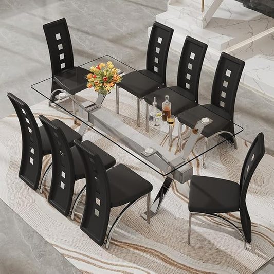 71'' Glass Dining Table Set for 8,9 Piece Dining Table Set with Tempered Glass Tabletop and Open‑Frame X‑Shaped Metal Base,Kitchen Table and Chairs Ideal for Dining Room&Home Office