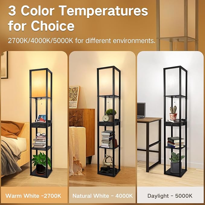 OUTON Floor Lamp with Shelves, 1 Drawer, 2 USB-C Ports, 2 AC Outlets, LED Modern Floor Lamp with 3 Color Temperature, Storage Display Wood Standing Lamp for Living Room, Bedroom, Office (Black)