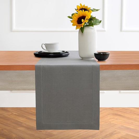 Solino Home Linen Steel Gray Table Runner 108 Inches Long - 100% Pure Linen Hemstitch 14 x 108 Inch Table Runner for Dining, Fall, Autumn - Classic Hemstitch