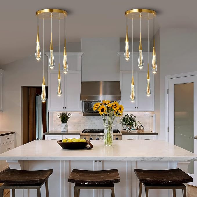 LMQNINE Kitchen Light Fixtures Ceiling Dimmable LED Modern Gold Pendant Light Mini Teardrop Crystal Pendant Light for Kitchen Island Bedroom Hallway Entryway (5-Light)