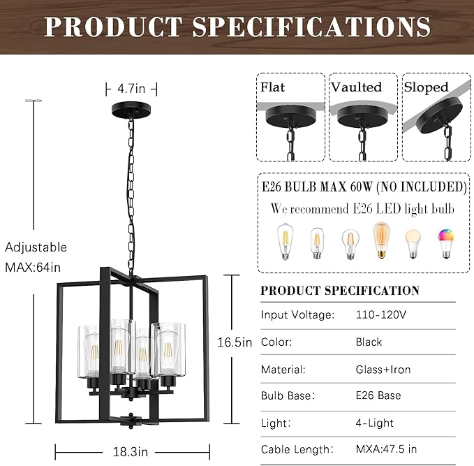 4-Light Farmhouse Chandelier Light Fixture, 18in Black Dining Room Chandeliers with Glass Shade Modern Lighting Fixtures Ceiling Pendant Lamp for Kitchen Island Entrance Foyer Living Room