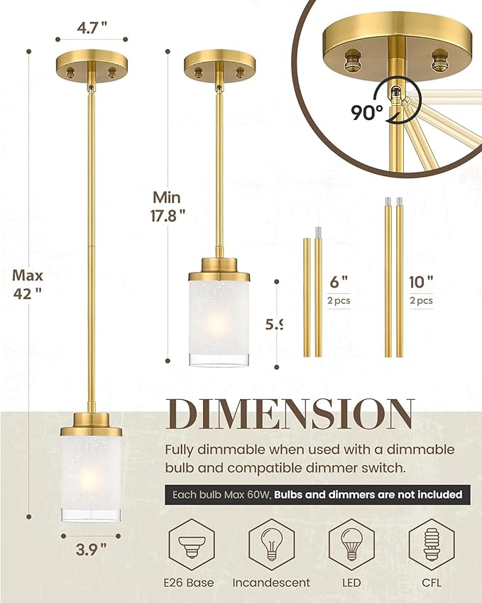 TENGXIN Modern Pendant Light for Kitchen Island, Brushed Gold Hanging Ceiling Light Fixture,Farmhouse Pendant Lighting for Dining Room Bedroom Bar Office,TXPLBG01