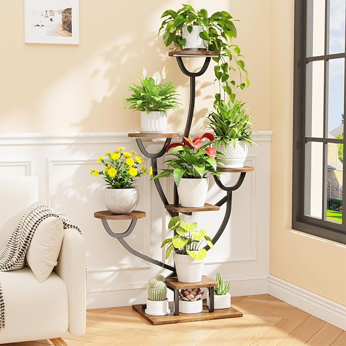 Plant Stand Indoor with Grow Lights - 44.2" Tall Plant Shelf, Lighted Corner Plant Stands for Indoor Growing, 7 Tiered Metal & Wood Plant Holder Display Shelves for Living Room, Patent Design - C4