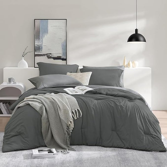 WRENSONGE Twin Comforter Set- 5 Pieces Grey Bed in a Bag, All Season Twin XL Bedding Sets with 1 Fitted Sheet, 1 Flat Sheet, 1 Pillow Sham and 1 Pillowcase