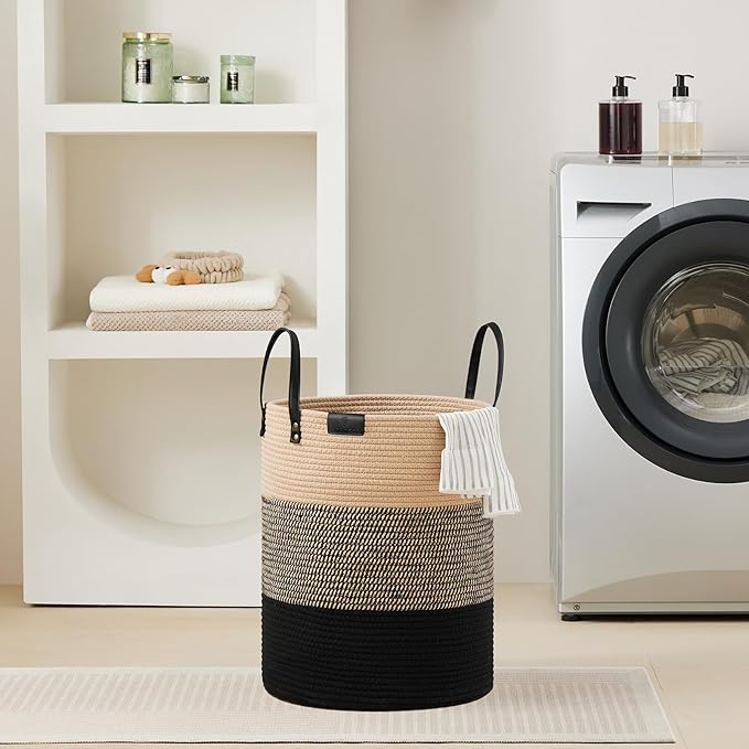 VIPOSCO Tall Laundry Basket, Large Dirty Clothes Hamper with Leather Handle, Woven Rope Storage Basket for Blanket, Toy In Living Room, Bathroom, Bedroom - 53L Brown & Black