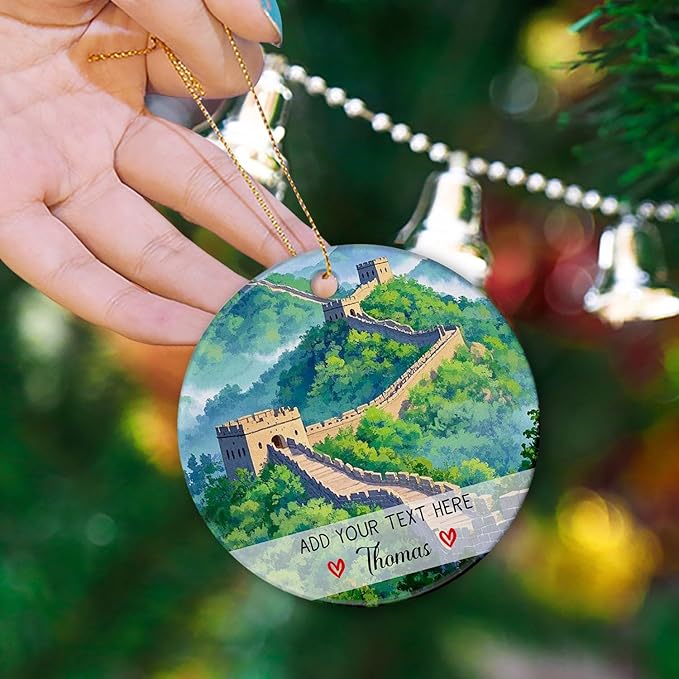 Great Wall of China Landscape Ceramic Ornament 2025, Personalized Text/Name China Great Wall Beijing Christmas Tree Ornaments, Custom Chinese Travel Xmas Ornament Gifts for Travellers Family Friends