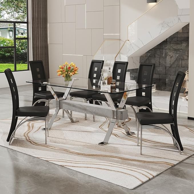 71'' Glass Dining Table Set for 6,7 Piece Dining Table Set with Tempered Glass Tabletop and Open‑Frame X‑Shaped Metal Base,Kitchen Table and Chairs Ideal for Dining Room&Home Office
