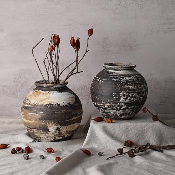 Rustic Terracotta Vase for Farmhouse Decor, Large Vintage Pottery Vases for Home, Wide Mouth Ceramic Vase for Living Room, Kitchen, Table Centerpieces, Modern Rustic Stone Vases