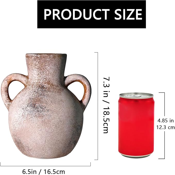 Ceramic Flower Vase,7.3 inch Tall Farmhouse Rustic Vase, Handcrafted Weathered Pottery Vases, Small Flower Terracotta Vases for Home Decor, Living Room Farmhouse Table Shelf Entrance (Terracotta)