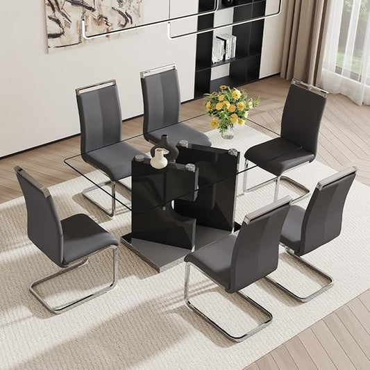 Glass Dining Room Table Set for 6,Dining Table Set for 6 with PU Leather Chairs,Retangular Dining Table with MDF Table Legs and Sliver Base for Dining Room