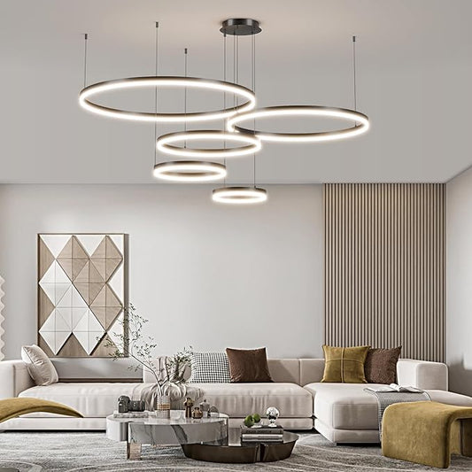 LED Pendant Light for Kitchen Island, 5-Ring Black Modern Chandelier, Dimmable 3000K-6500K, Adjustable Height, Remote Control, Hanging Ceiling Lighting Fixture for Dining Room, Living Room Lamp