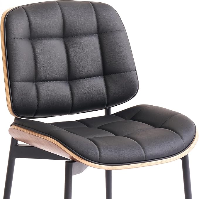 Mid Century Modern Dining Chairs with Walnut Grain Back, Black Faux Leather Dining Room Chairs Set of 4, Checkered Soft Cushion Kitchen Chairs with Adjustable Foot Pads