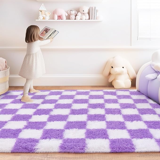 Checkered Rug for Living Room 6x9, Ultra Fluffy Fuzzy Shag Large Area Rug for Bedroom, Modern Plush Soft Upgrade Non-Slip Carpet for Kids Girls and Boys Room Dorm Home Decor, White and Purple