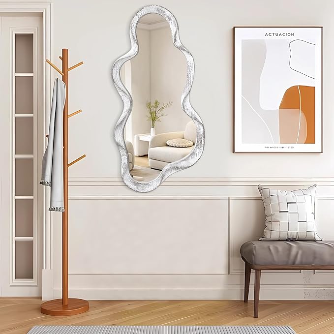 Irregular Wood Frame Mirror Asymmetrical Mirrors for Wall Unique Cloud Modern Living Room Bedroom Vanity Entryway Hallway Decorative Artistic Cute and Stylish Wall Mirror Large