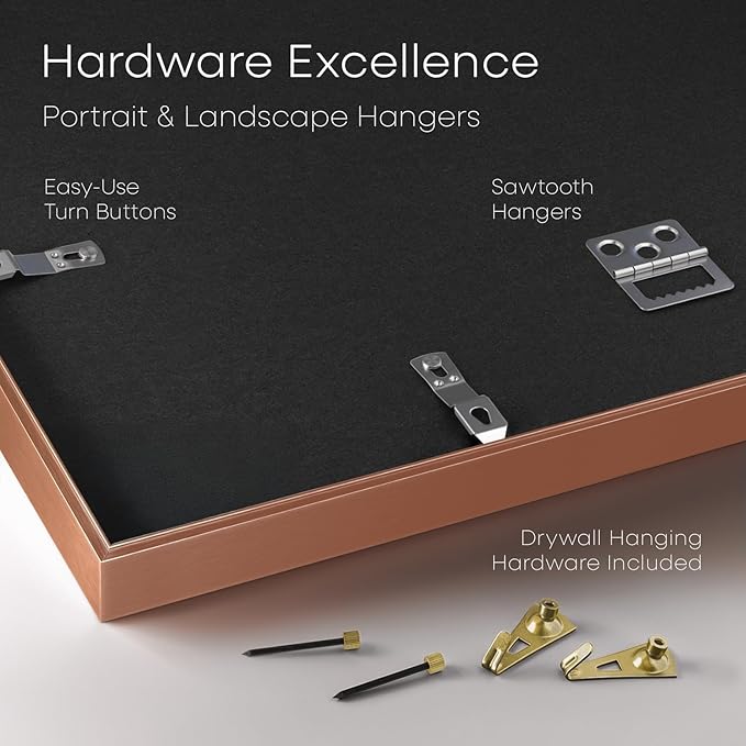 Homeforia Rose Gold 8x10 Picture Frame, High End Metal 8 x 10 Poster Frames with Mat 5 by 7 Print, 10x8 Thin Frame Matted to 7x5 Photo, 8by10 Wall or Tabletop Frame, Tempered Glass, Wall Kit, Set of 2