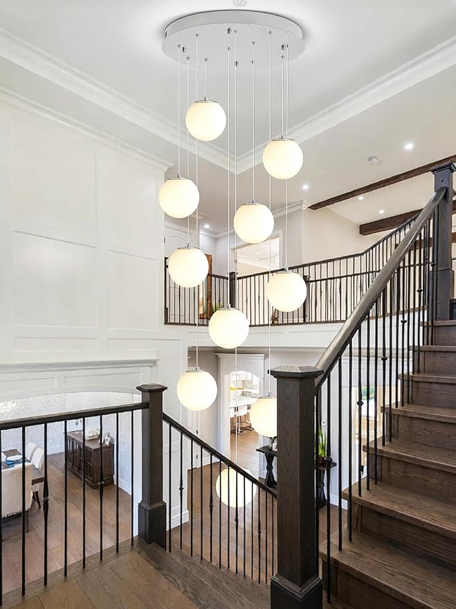 H118 Large Chandeliers for High Ceilings,12-Lights Mid Century Globe Chandelier Silver Modern Globe Pendant Light for Entryway Villas and Stairs