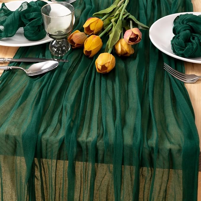 MLMC Emerald Green Cheesecloth Table Runner Boho Dark Green Cheese Cloth Table Runner 13.3ft Sheer Gauze Cheesecloth Fall Table Decorations for Home Party Christmas Fall Decor