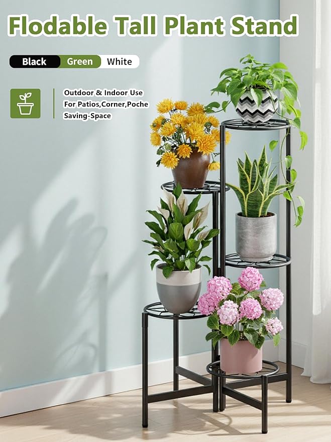 Plant Stand 5 Tier Indoor Metal Flower Shelf for Multiple Plants Corner Tall Flower Holders for Patio Garden Living Room Balcony Bedroom Black Diamond
