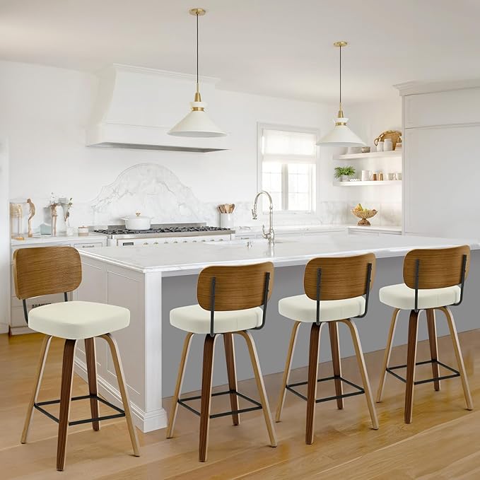 Swivel Counter Height Bar Stools Set of 4, Mid-Century Modern Upholstered Faux Leather Barstools with Wood Back, 26" Seat Height Bar Stools for Kitchen Island, Cream Seat and Walnut Frame