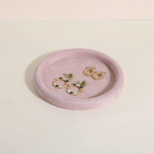 GemeShou Round Jewelry Organizer plate, Top Microfiber velvet Jewerly display tray, Empty Jewelry showcase tray for Necklace Bracelet Ring Earring display stand holder (Pink-Medium, 7.9 x 7.9 in)