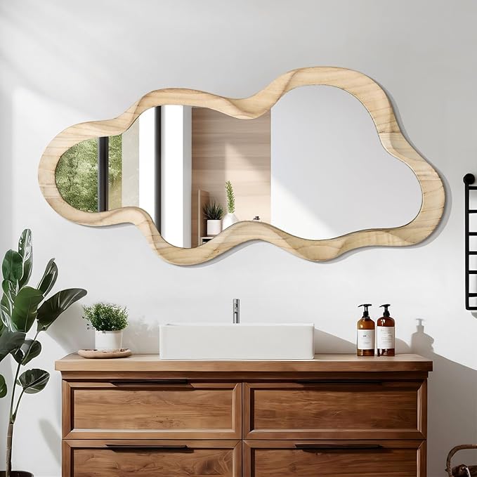 Asymmetrical Mirror for Wall Decor Large Modern Wooden Framed Wall Mirror Unique Shape Wall Mounted Vanity Artistic Wavy Mirror Decorative for Living Room Bedroom Bathroom Entryway Natural