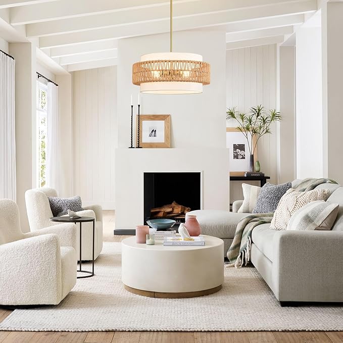 19.7" Boho Rattan Chandelier, 4-Light Large Rattan Pendant Light with Fabric Shade, Boho Drum Ceiling Hanging Light Fixture for Dining Room, Living Room, Kitchen Island, Hallway, Foyer