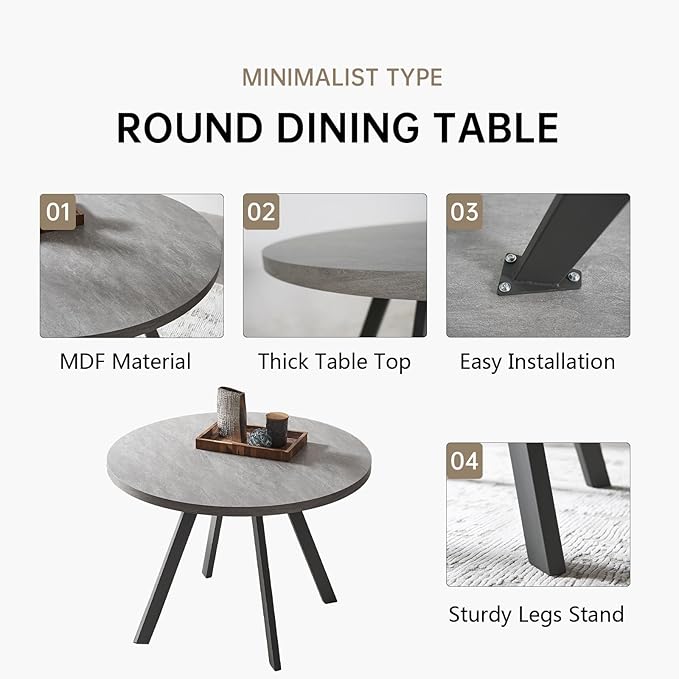 34.6'' Round Dining Table and Chairs for 2, Space Saving Modern Casual Coffee Table Set for Apartment Kitchen Dining Room (Grey Table+ 2 Grey Chairs)