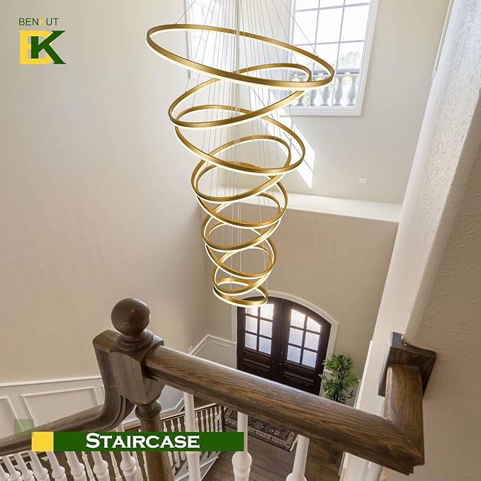 9 Rings Modern LED Chandelier Gold Dimmable Large Foyer Chandeliers Entryway High Ceiling for Staircase, High Ceiling Pendant Lights for Entryway Living Room, 3000K-6500K CCT
