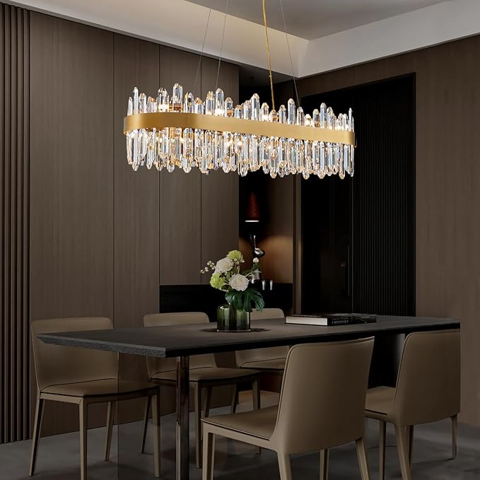 Modern Crystal Chandelier, 20-Lights Rectangle Gold Raindrop Chandelier Luxury Oval Pendant Ceiling Light Fixture for Living Room Dining Room Kitchen Island L35.4''